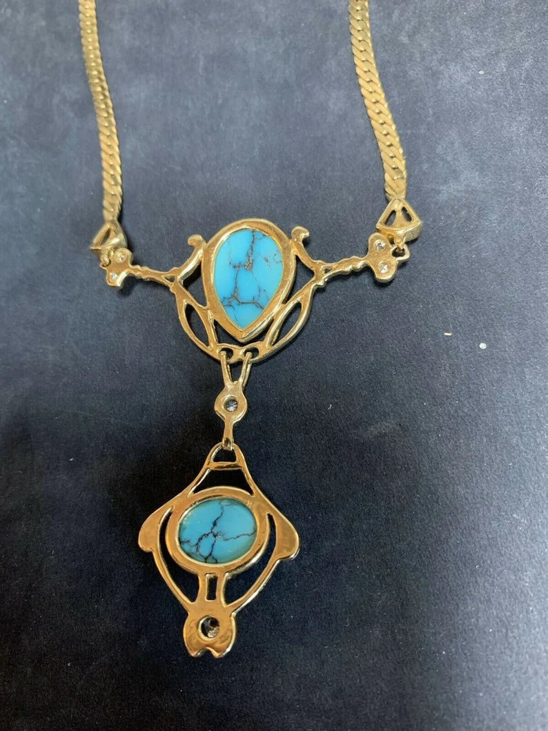 Retro Gold Natural Turquoise Gem .75 Carat Colorless Diamond Necklace Circa 1950
