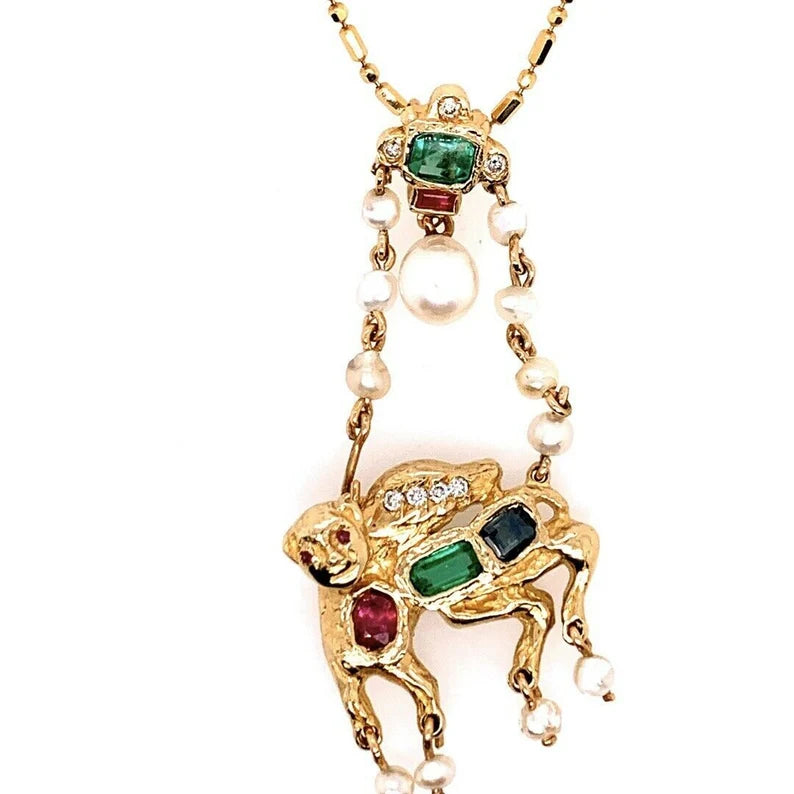 Retro Gold Camel Pendant 1.75 Carat Natural Diamond, Ruby, Emerald,Sapphire 1960