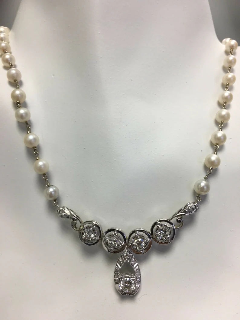 Retro Gold Necklace Natural 1 Carat Round Diamond & Pearl Gem Stone Circa 1970