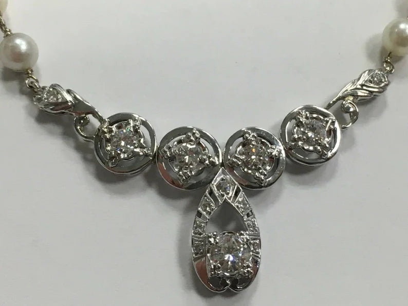 Retro Gold Necklace Natural 1 Carat Round Diamond & Pearl Gem Stone Circa 1970