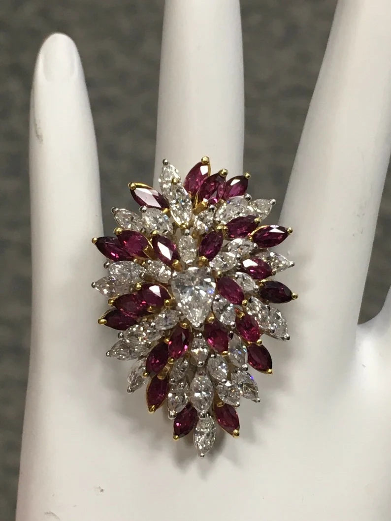 Retro Gold 10.50 Carat Marquise Natural Diamond & Ruby Cocktail Ring Circa 1970