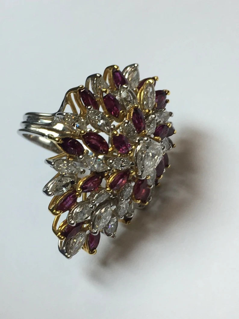 Retro Gold 10.50 Carat Marquise Natural Diamond & Ruby Cocktail Ring Circa 1970