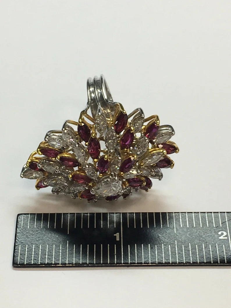 Retro Gold 10.50 Carat Marquise Natural Diamond & Ruby Cocktail Ring Circa 1970