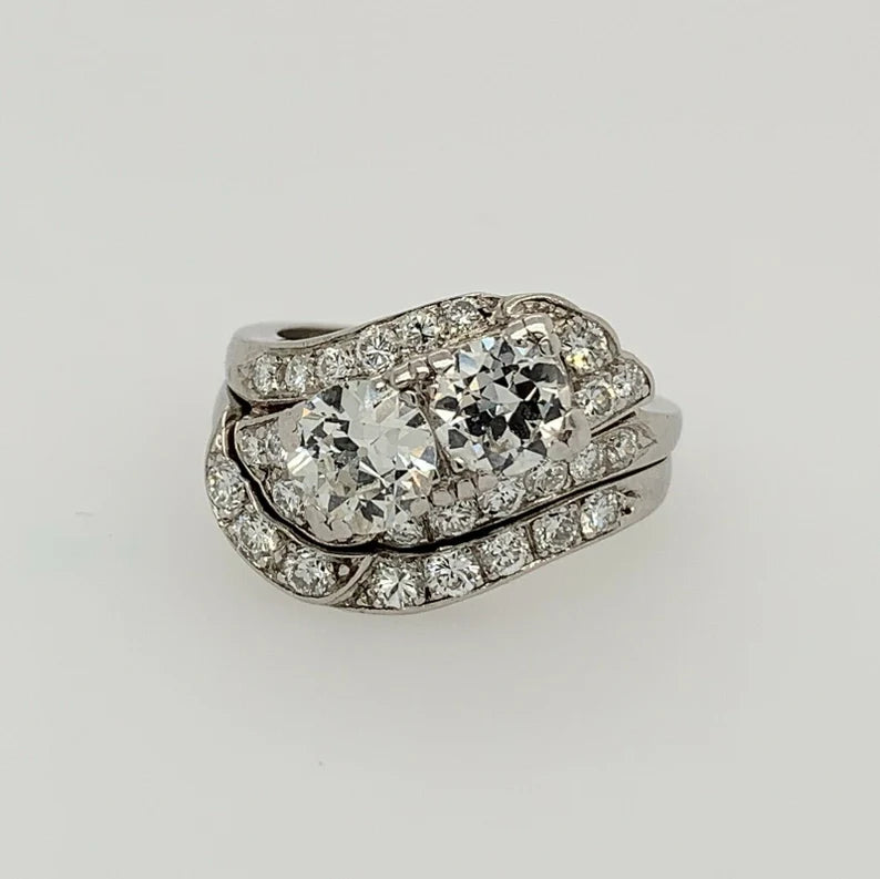 Vintage Platinum 1.85ct Natural Diamond Ring & Band Set Round Brilliant Estate