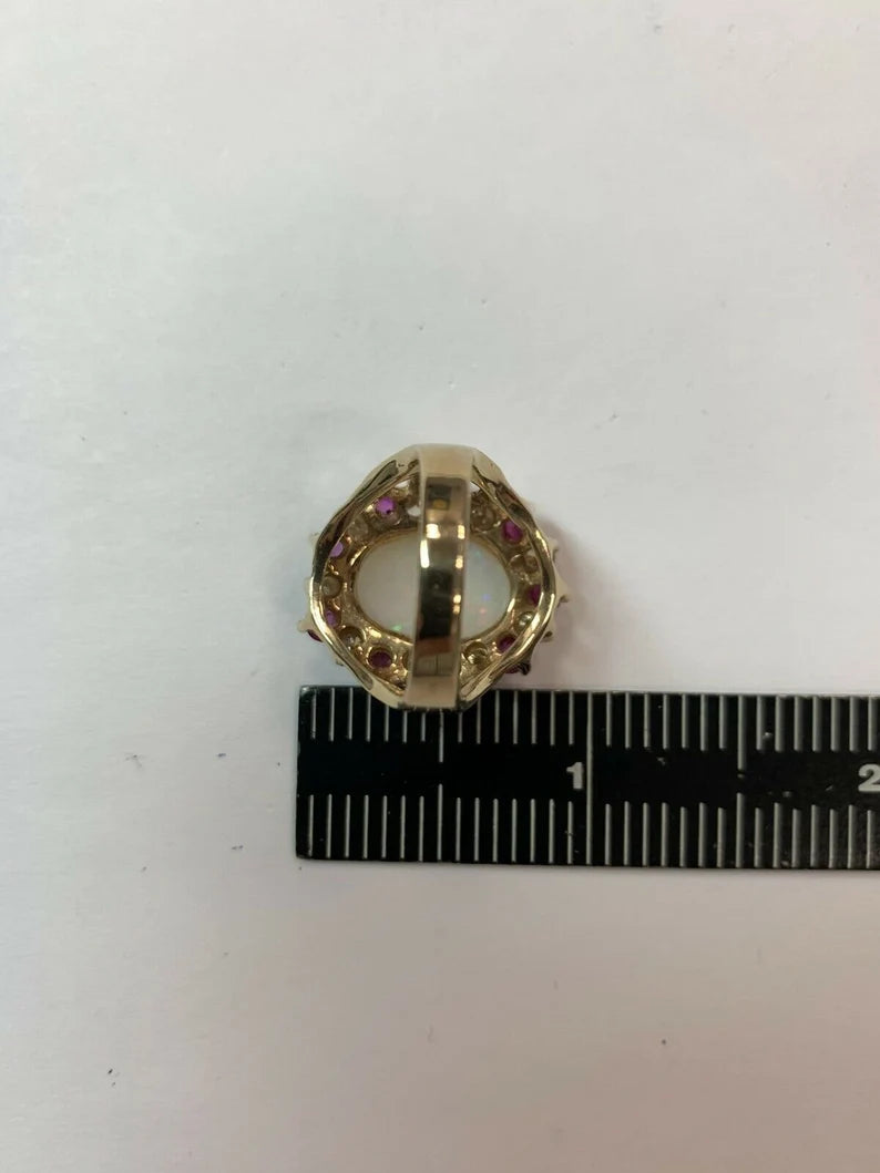 Retro Gold Ring Approx 6.22 Carat Natural Opal Diamond Ruby Gem Stone Circa 1960