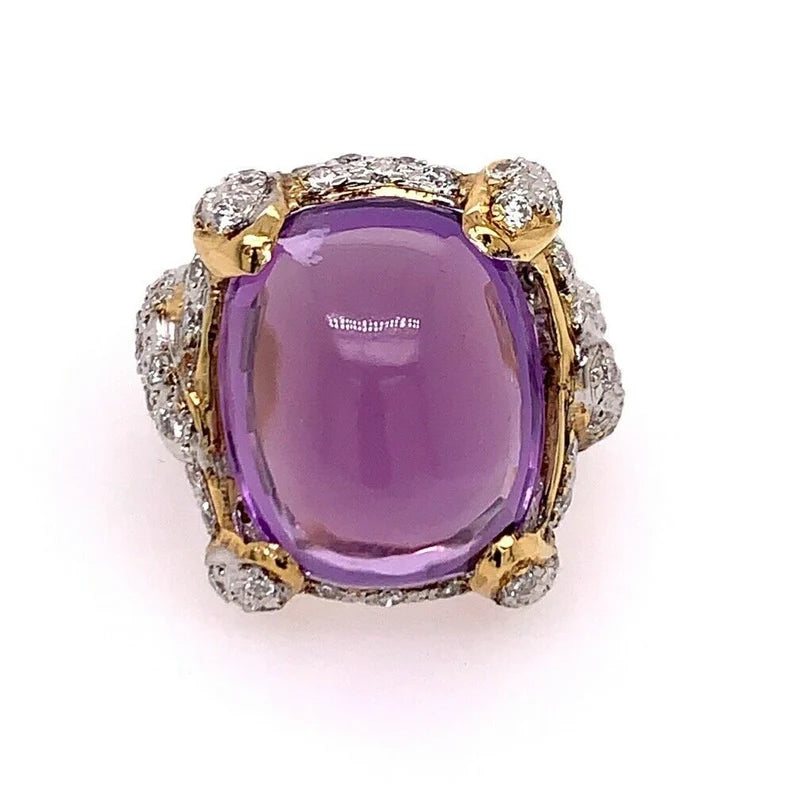 21.68 Carat Retro Gold Cocktail Ring Natural Diamond & Cab Amethyst 1960 Gem