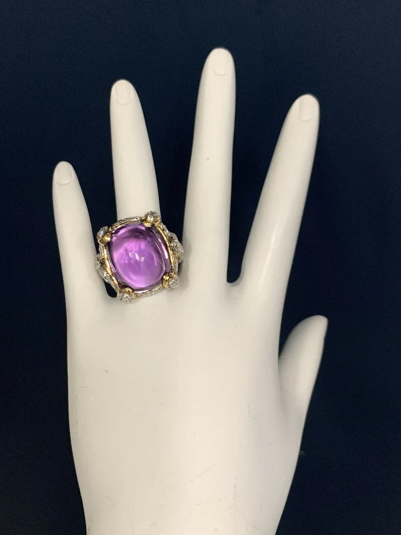 21.68 Carat Retro Gold Cocktail Ring Natural Diamond & Cab Amethyst 1960 Gem
