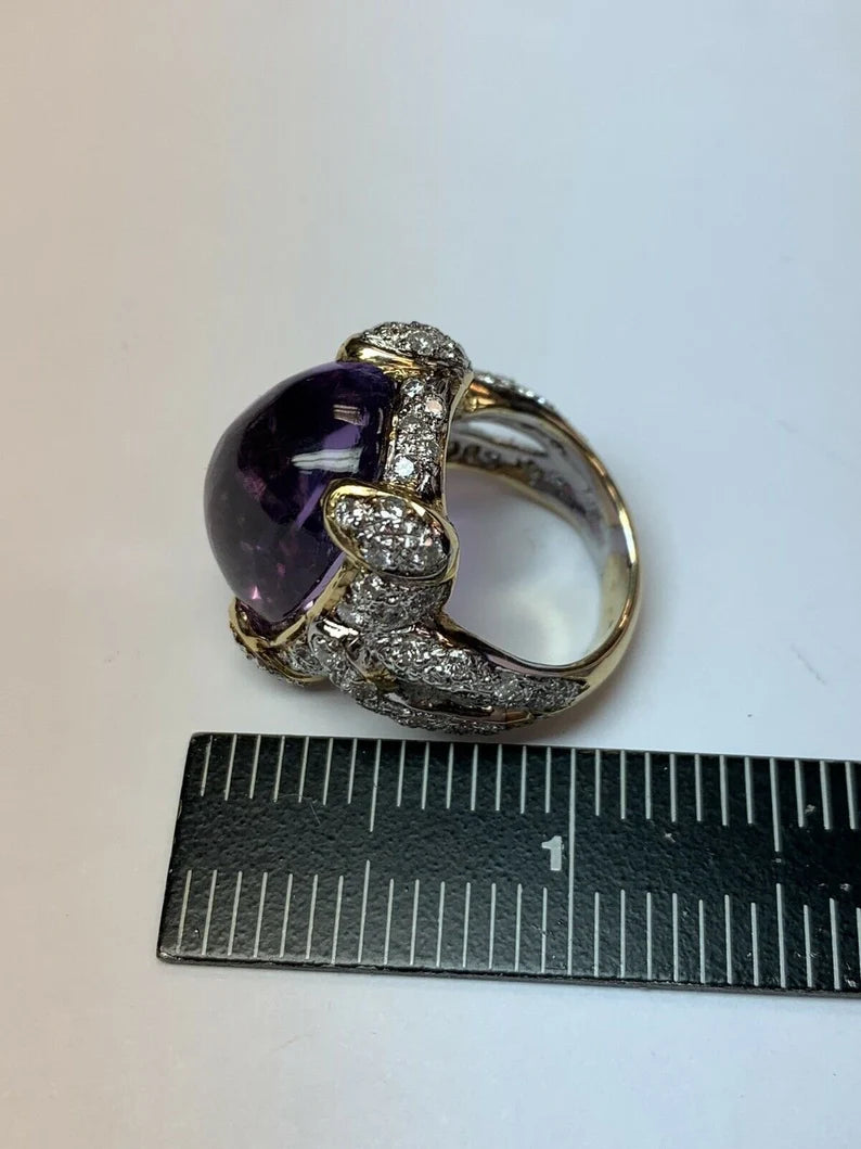 21.68 Carat Retro Gold Cocktail Ring Natural Diamond & Cab Amethyst 1960 Gem