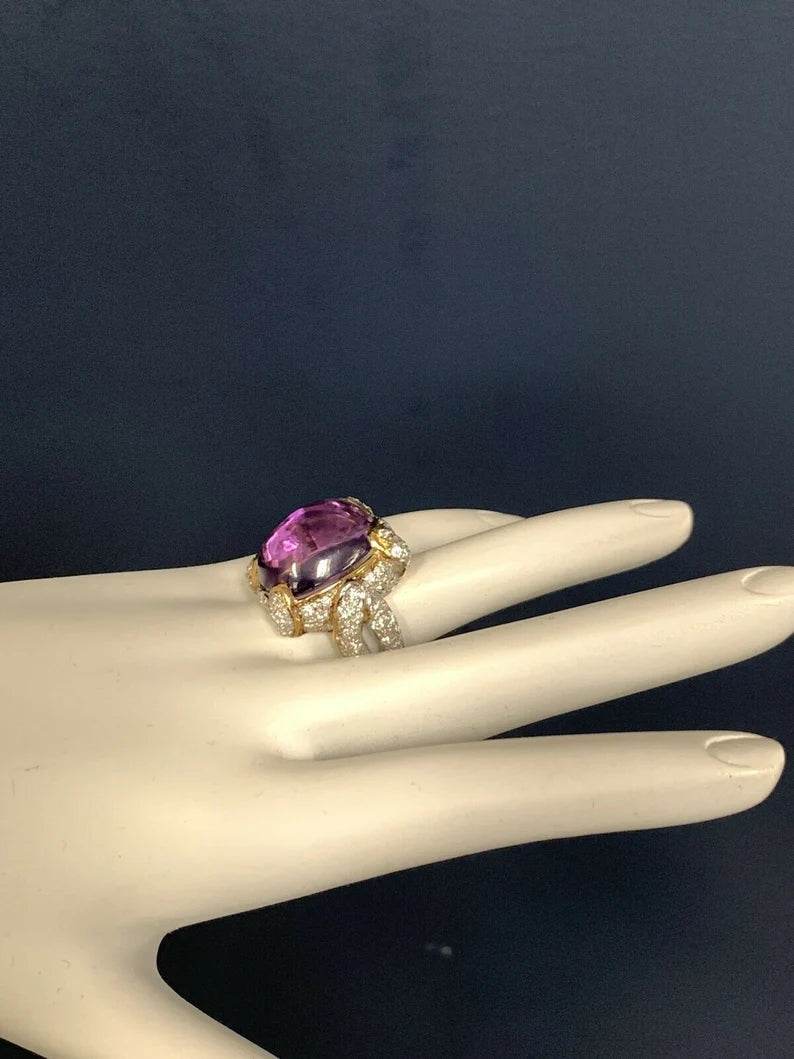21.68 Carat Retro Gold Cocktail Ring Natural Diamond & Cab Amethyst 1960 Gem