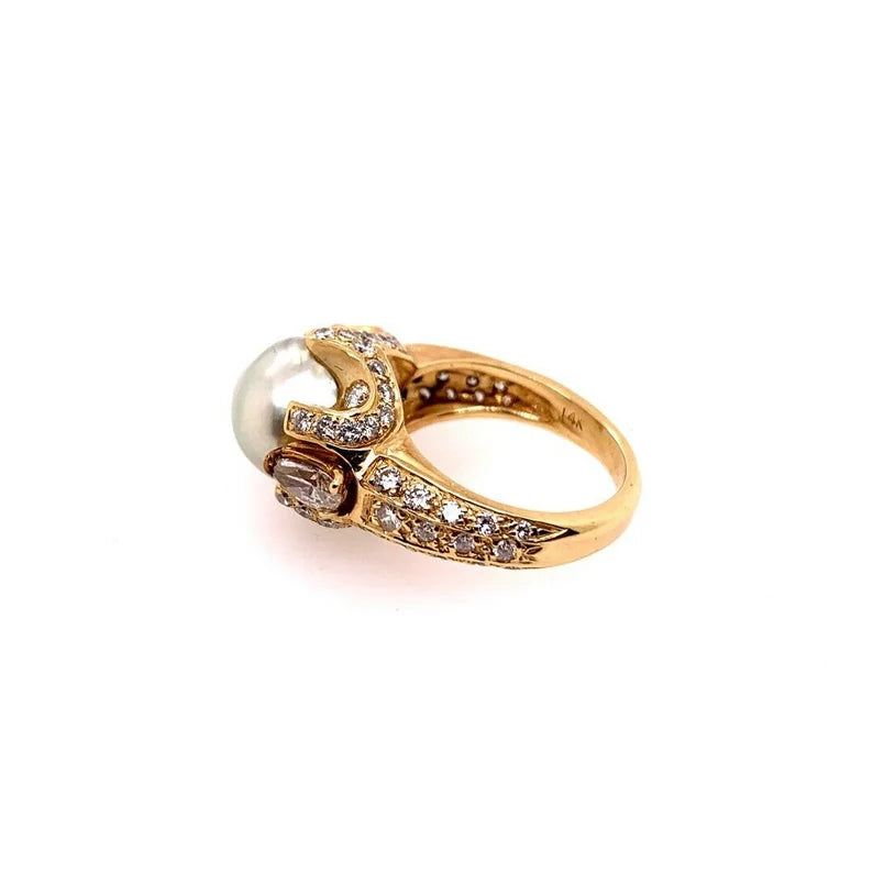 Retro Gold 3 Carat Cocktail Ring Natural Diamonds & 10.5mm Pearl Gem Circa 1960