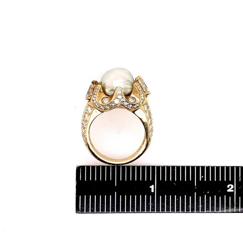 Retro Gold 3 Carat Cocktail Ring Natural Diamonds & 10.5mm Pearl Gem Circa 1960