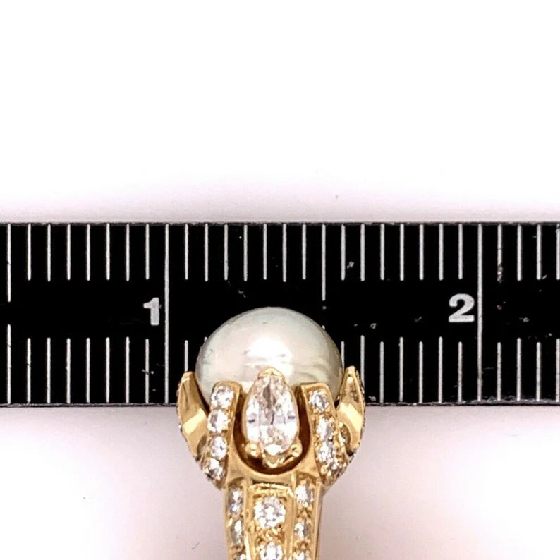 Retro Gold 3 Carat Cocktail Ring Natural Diamonds & 10.5mm Pearl Gem Circa 1960