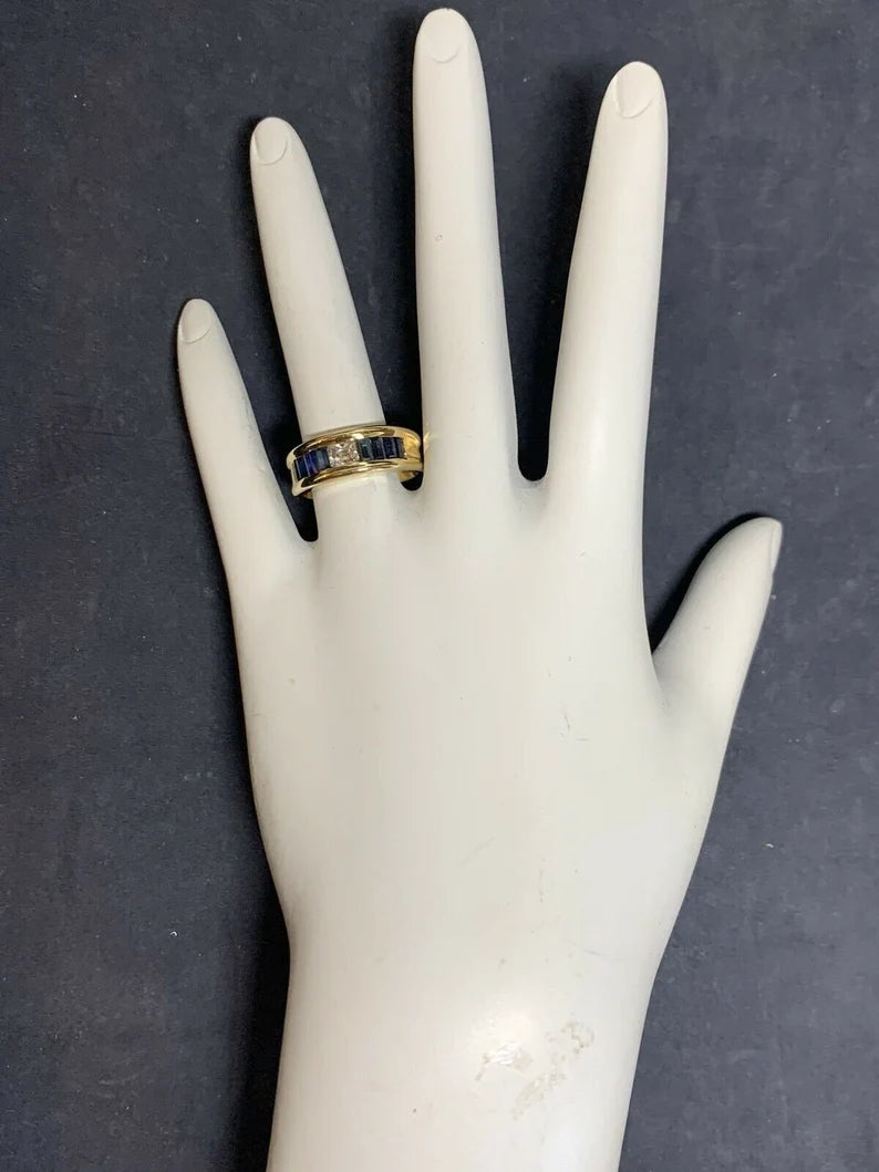 Retro Gold Cocktail Ring 1.4 Carat Natural Radiant Diamond & Sapphire Gem 1950