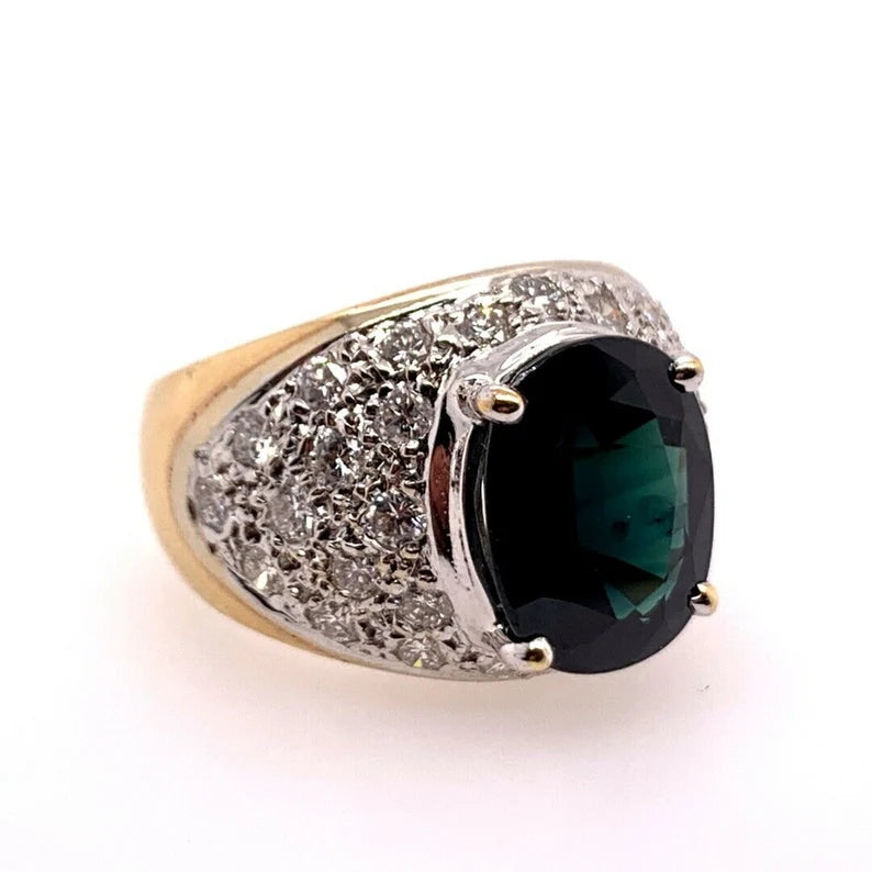 Retro Gold 5.5 Carat Natural Dark Blue Sapphire & Diamond Cocktail Gem Ring 1950