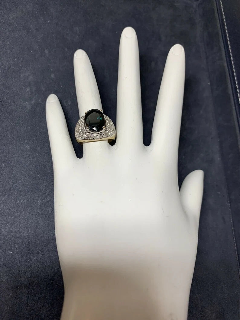 Retro Gold 5.5 Carat Natural Dark Blue Sapphire & Diamond Cocktail Gem Ring 1950