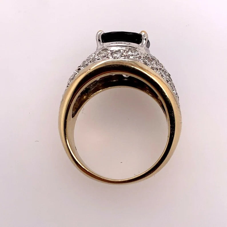 Retro Gold 5.5 Carat Natural Dark Blue Sapphire & Diamond Cocktail Gem Ring 1950