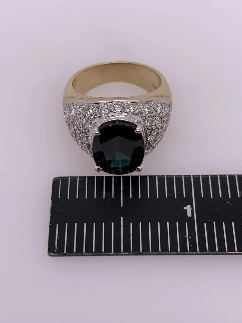 Retro Gold 5.5 Carat Natural Dark Blue Sapphire & Diamond Cocktail Gem Ring 1950