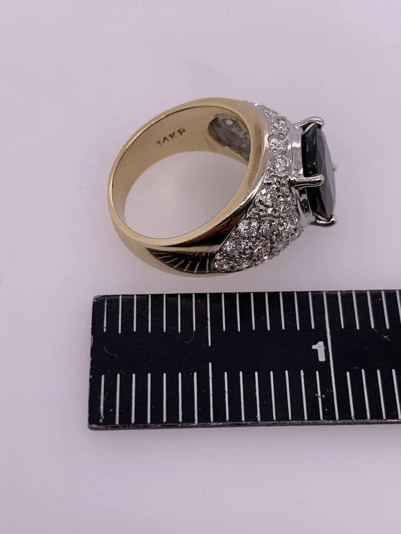 Retro Gold 5.5 Carat Natural Dark Blue Sapphire & Diamond Cocktail Gem Ring 1950