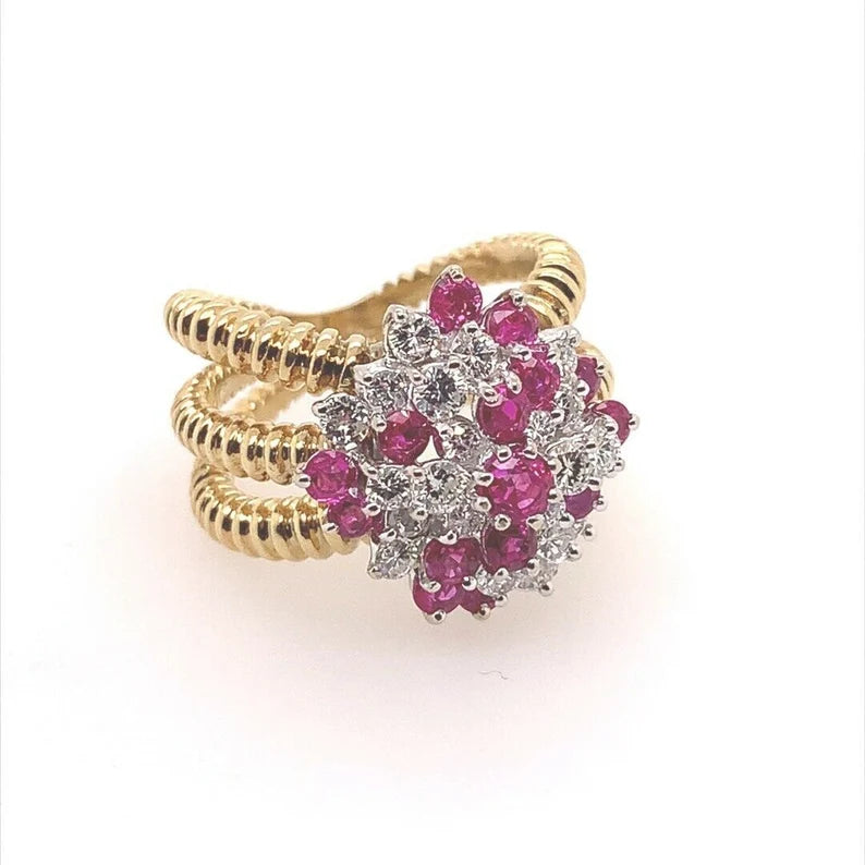 Retro Gold 2 Carat Natural Ruby Gem & Colorless Diamond Cocktail Ring Circa 1960