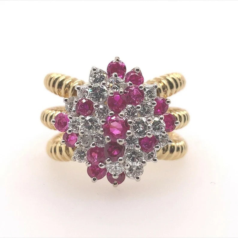 Retro Gold 2 Carat Natural Ruby Gem & Colorless Diamond Cocktail Ring Circa 1960