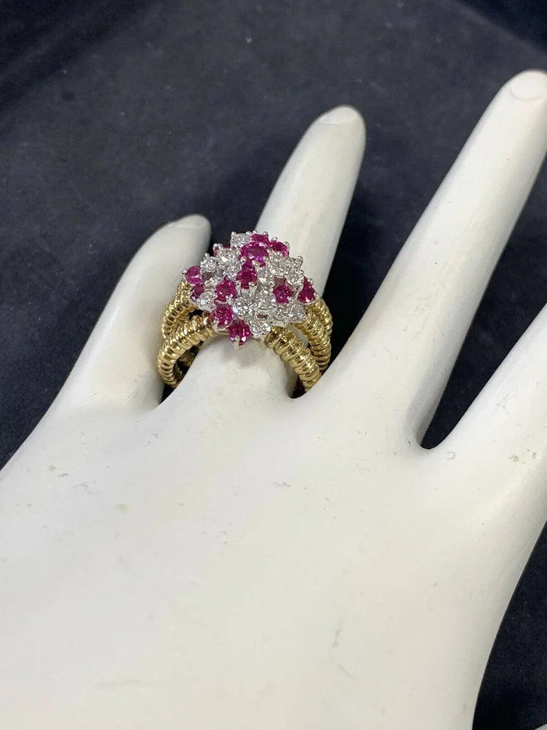 Retro Gold 2 Carat Natural Ruby Gem & Colorless Diamond Cocktail Ring Circa 1960