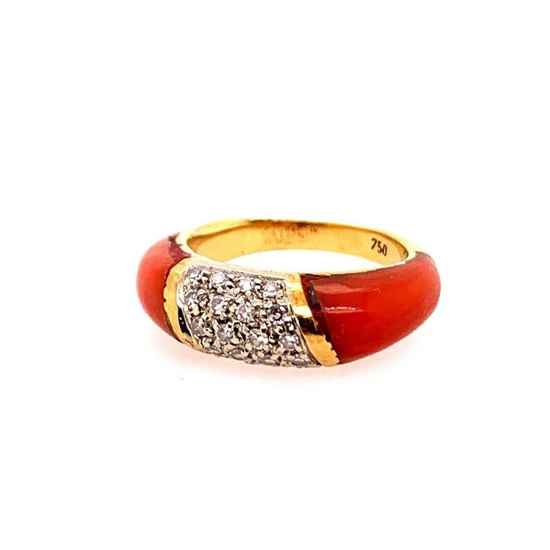Retro Gold Cocktail Ring Natural Coral & 0.55 Carat Diamond Handmade Circa 1950