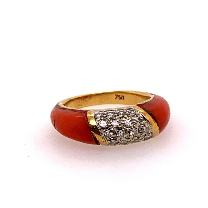 Retro Gold Cocktail Ring Natural Coral & 0.55 Carat Diamond Handmade Circa 1950