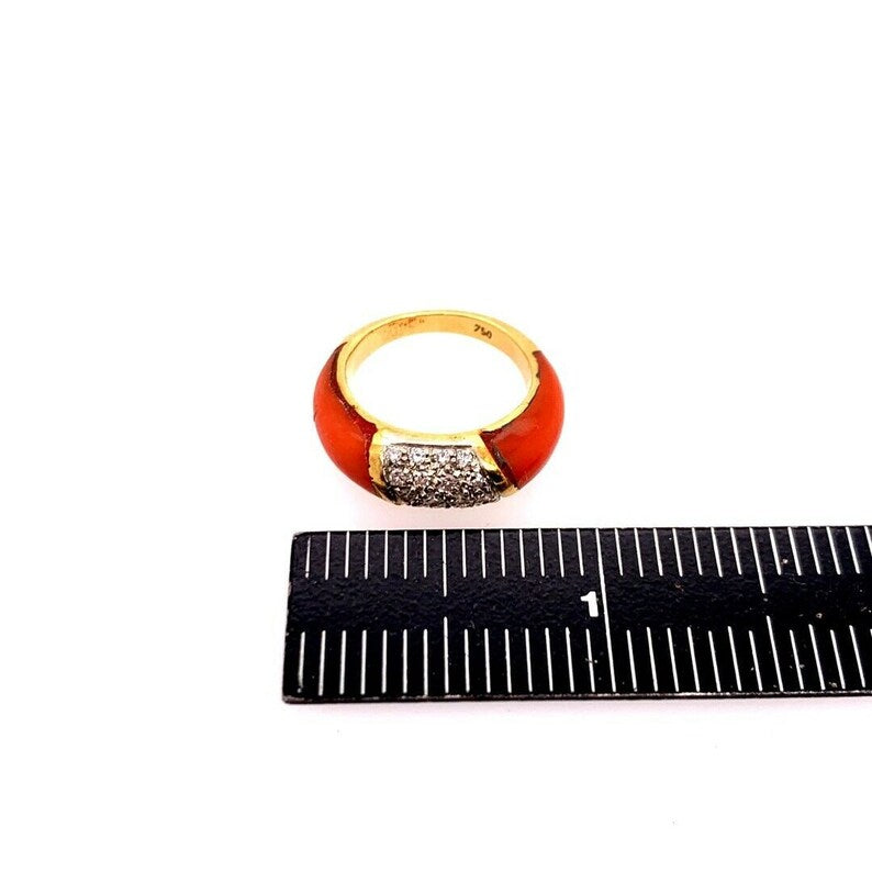 Retro Gold Cocktail Ring Natural Coral & 0.55 Carat Diamond Handmade Circa 1950