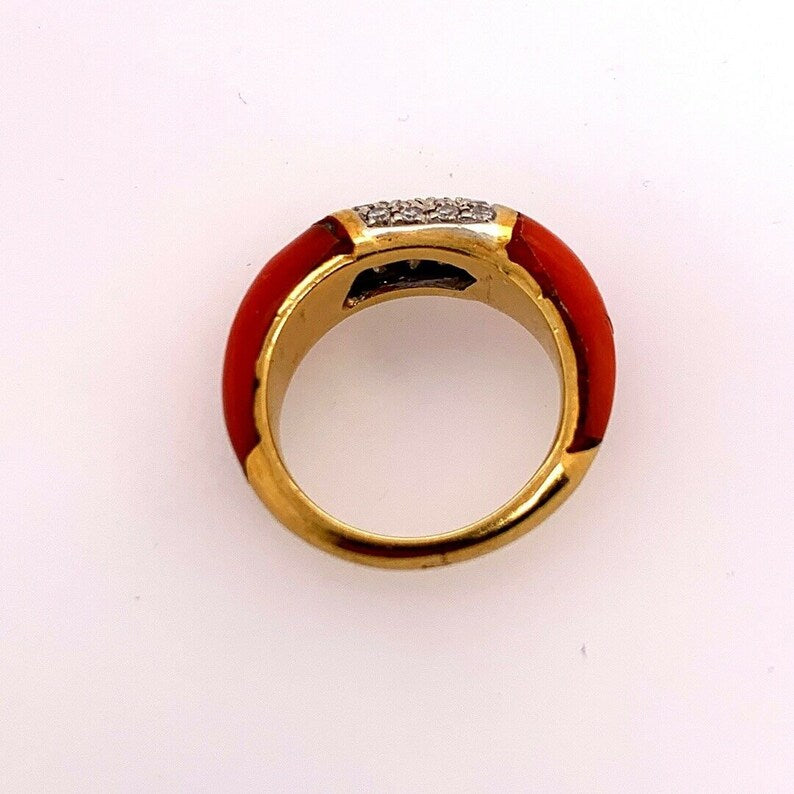 Retro Gold Cocktail Ring Natural Coral & 0.55 Carat Diamond Handmade Circa 1950