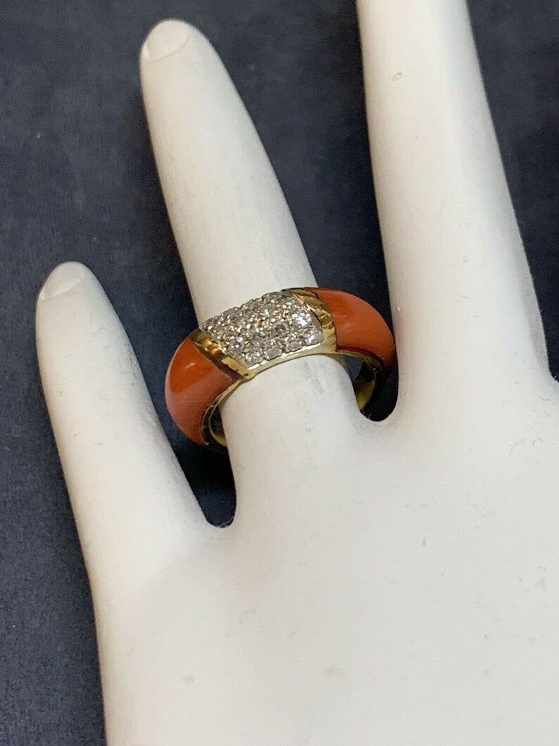 Retro Gold Cocktail Ring Natural Coral & 0.55 Carat Diamond Handmade Circa 1950