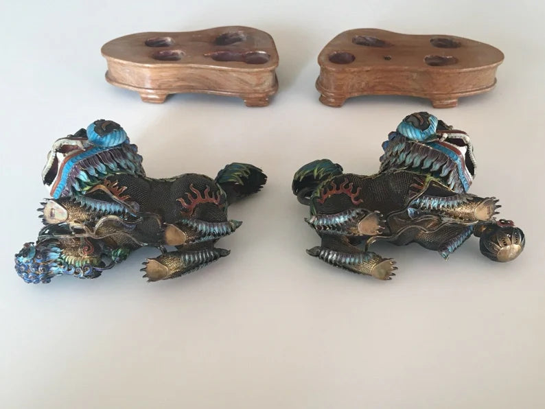 Very Rare Vintage Chinese Silver 925 Enamel Lion Fixture Estate Antique Gem