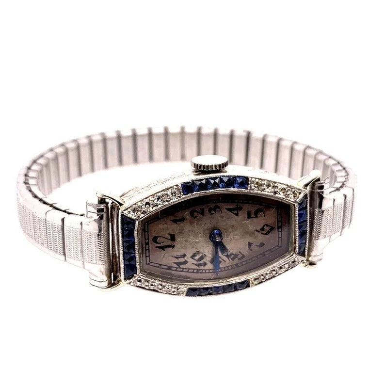 Ladies Platinum & Gold Longines Natural Diamond & Sapphire Manual Cocktail Watch
