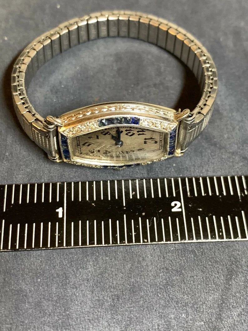 Ladies Platinum & Gold Longines Natural Diamond & Sapphire Manual Cocktail Watch