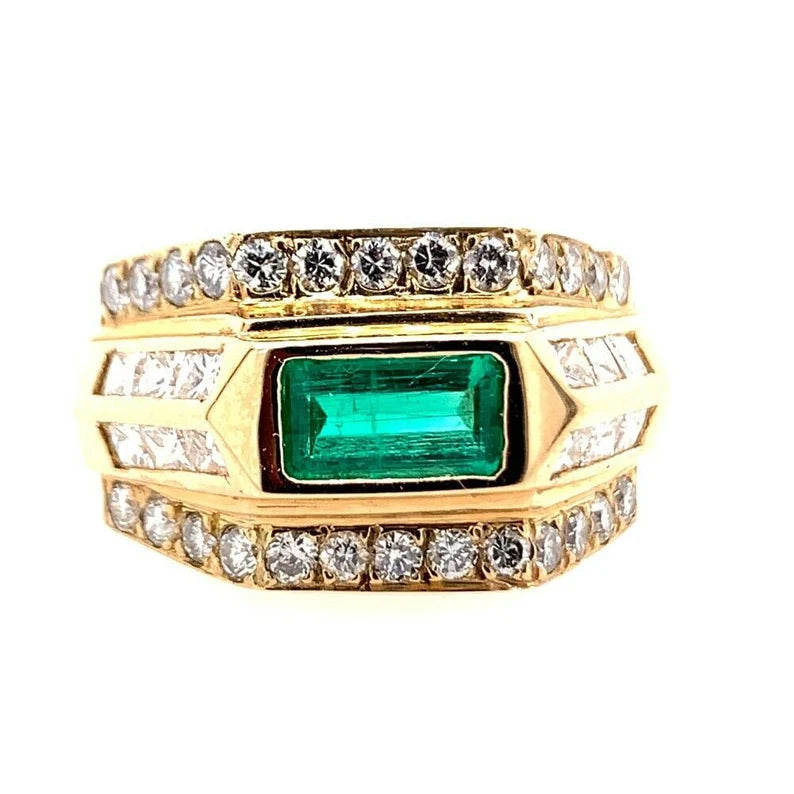 Gold Art Deco 2 Carat Ring Natural Green Emerald & Diamond Cocktail Circa 1960