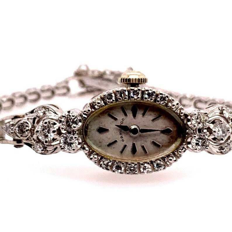 Ladies White Gold Hamilton 2 Carat Natural F Color Diamond Manual Cocktail Watch