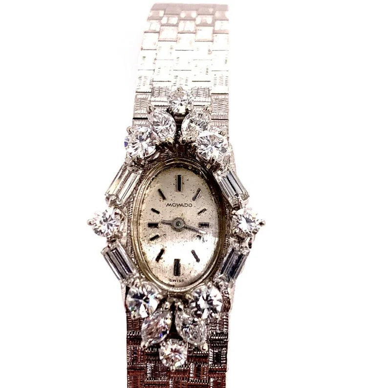 Ladies White Gold Movado 2 Carat Natural Colorless Diamond Manual Cocktail Watch