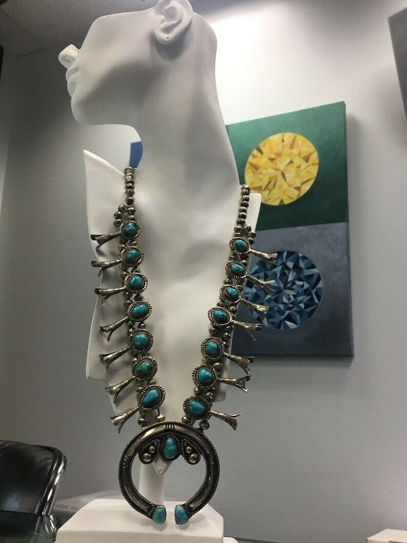 Sterling 925 Silver 204g Vintage Navajo Turquoise squash Estate Gem Stone Native