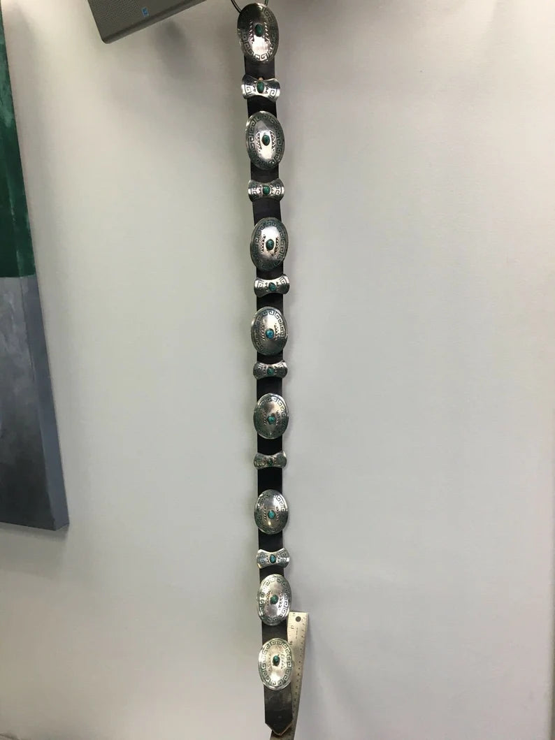 Antique Silver Belt 925 482.7g INLAY Turquoise Old Pawn CONCHO Estate Gem Stone