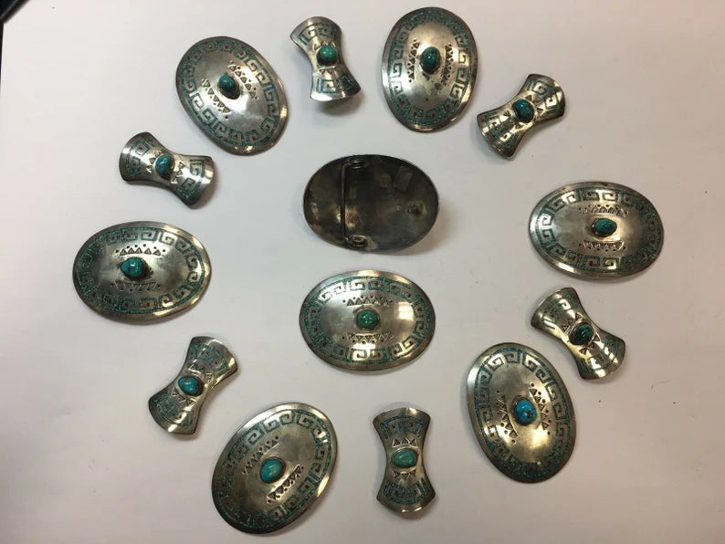 Antique Silver Belt 925 482.7g INLAY Turquoise Old Pawn CONCHO Estate Gem Stone