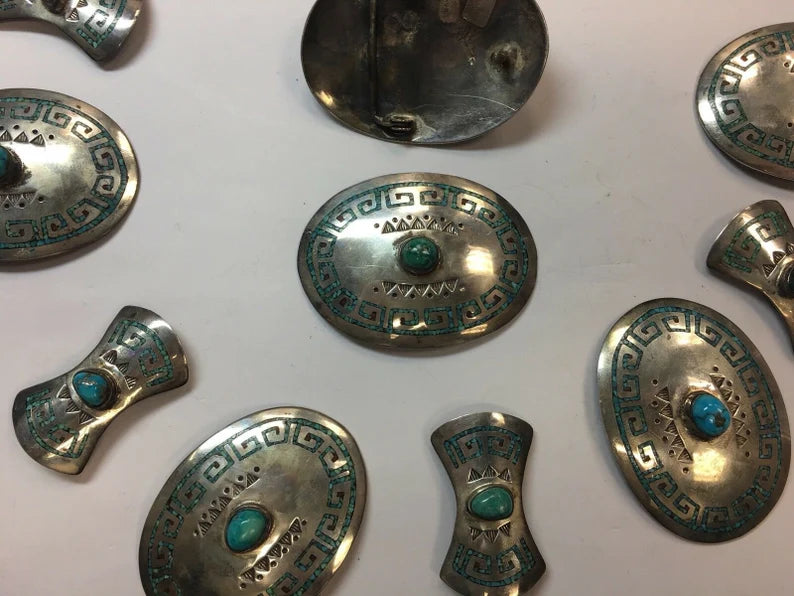 Antique Silver Belt 925 482.7g INLAY Turquoise Old Pawn CONCHO Estate Gem Stone