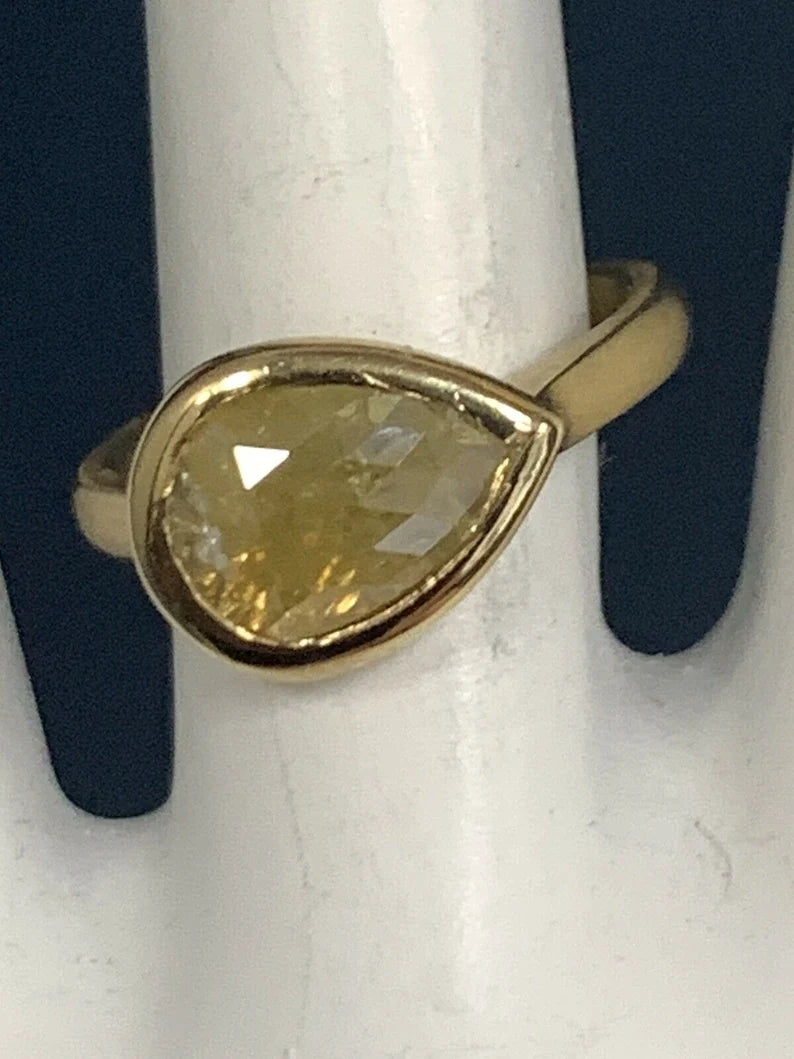 Gold 1.27 Carat Natural Pear Shaped Rose Cut Yellow Diamond Cocktail Ring