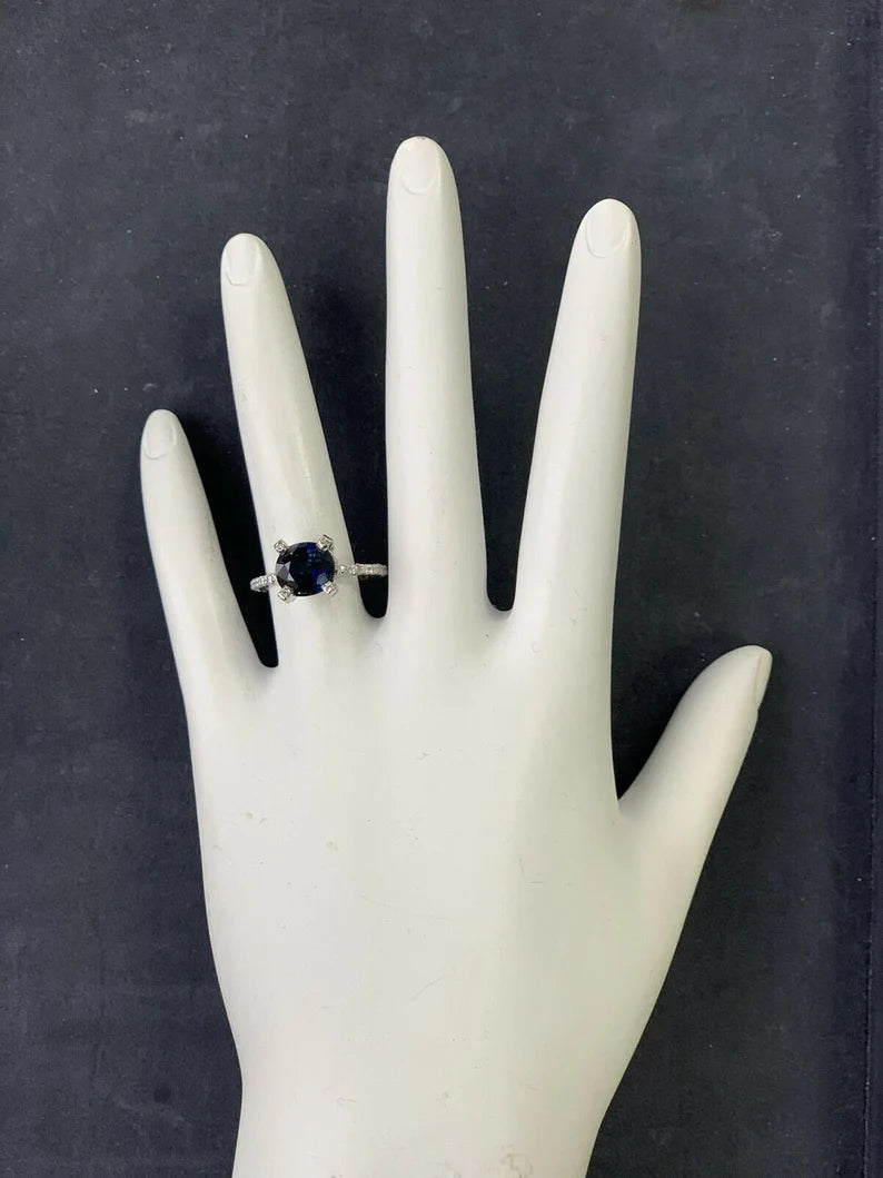 Retro 2.70 Carat Cushion Natural Midnight Blue Australian Sapphire Platinum Ring
