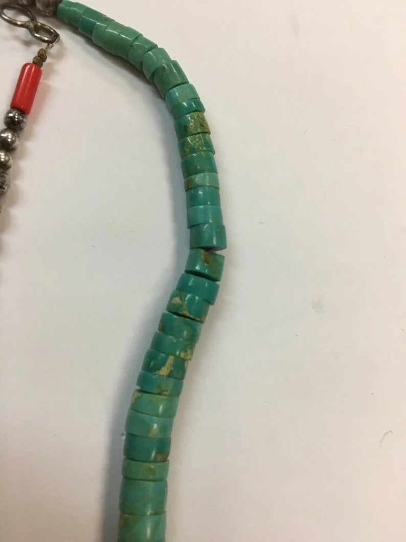 Estate Native Silver 26.3g Natural Turquoise Heishi Bead Vintage Necklace Gem
