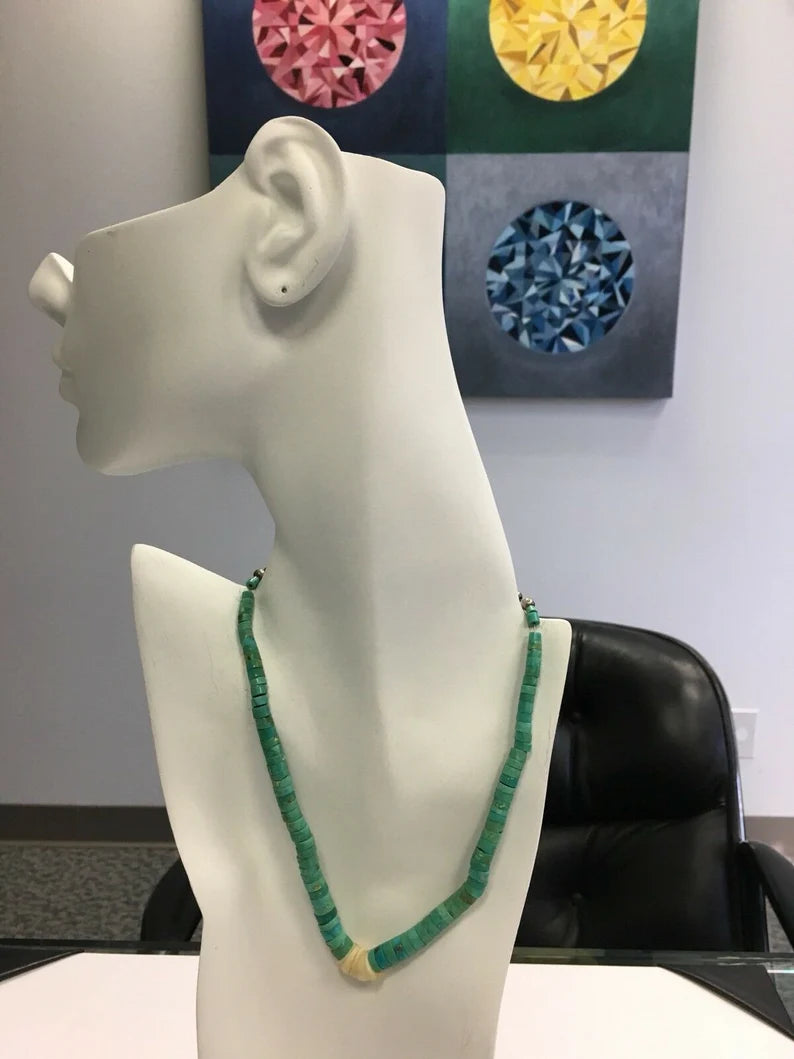 Estate Native Silver 26.3g Natural Turquoise Heishi Bead Vintage Necklace Gem