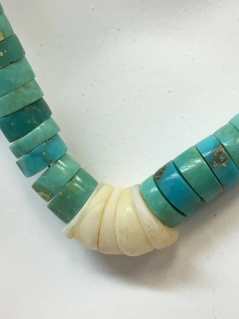 Estate Native Silver 26.3g Natural Turquoise Heishi Bead Vintage Necklace Gem