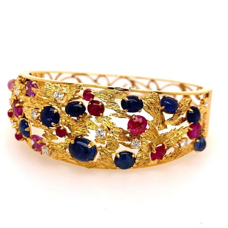 Gold Retro Bangle 6.5 Carat Natural Diamond,Ruby,Sapphire Cab Gem Bracelet 1970