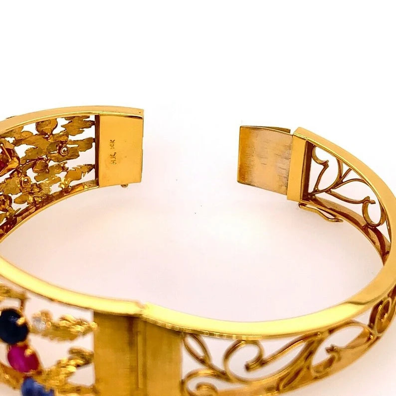 Gold Retro Bangle 6.5 Carat Natural Diamond,Ruby,Sapphire Cab Gem Bracelet 1970