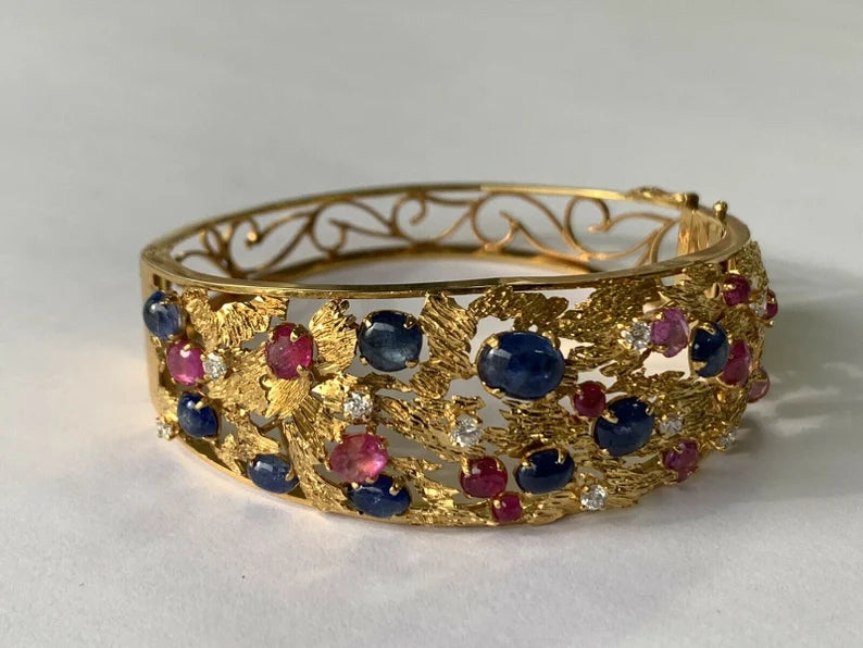 Gold Retro Bangle 6.5 Carat Natural Diamond,Ruby,Sapphire Cab Gem Bracelet 1970