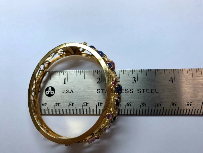 Gold Retro Bangle 6.5 Carat Natural Diamond,Ruby,Sapphire Cab Gem Bracelet 1970