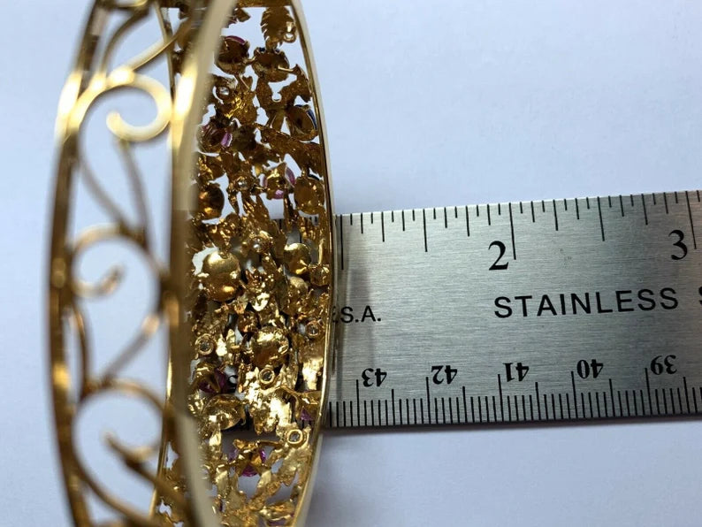 Gold Retro Bangle 6.5 Carat Natural Diamond,Ruby,Sapphire Cab Gem Bracelet 1970